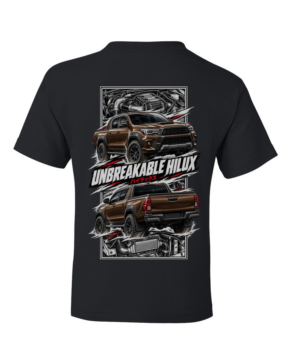 Toyota Hilux torn poster black kids tee back view with the design