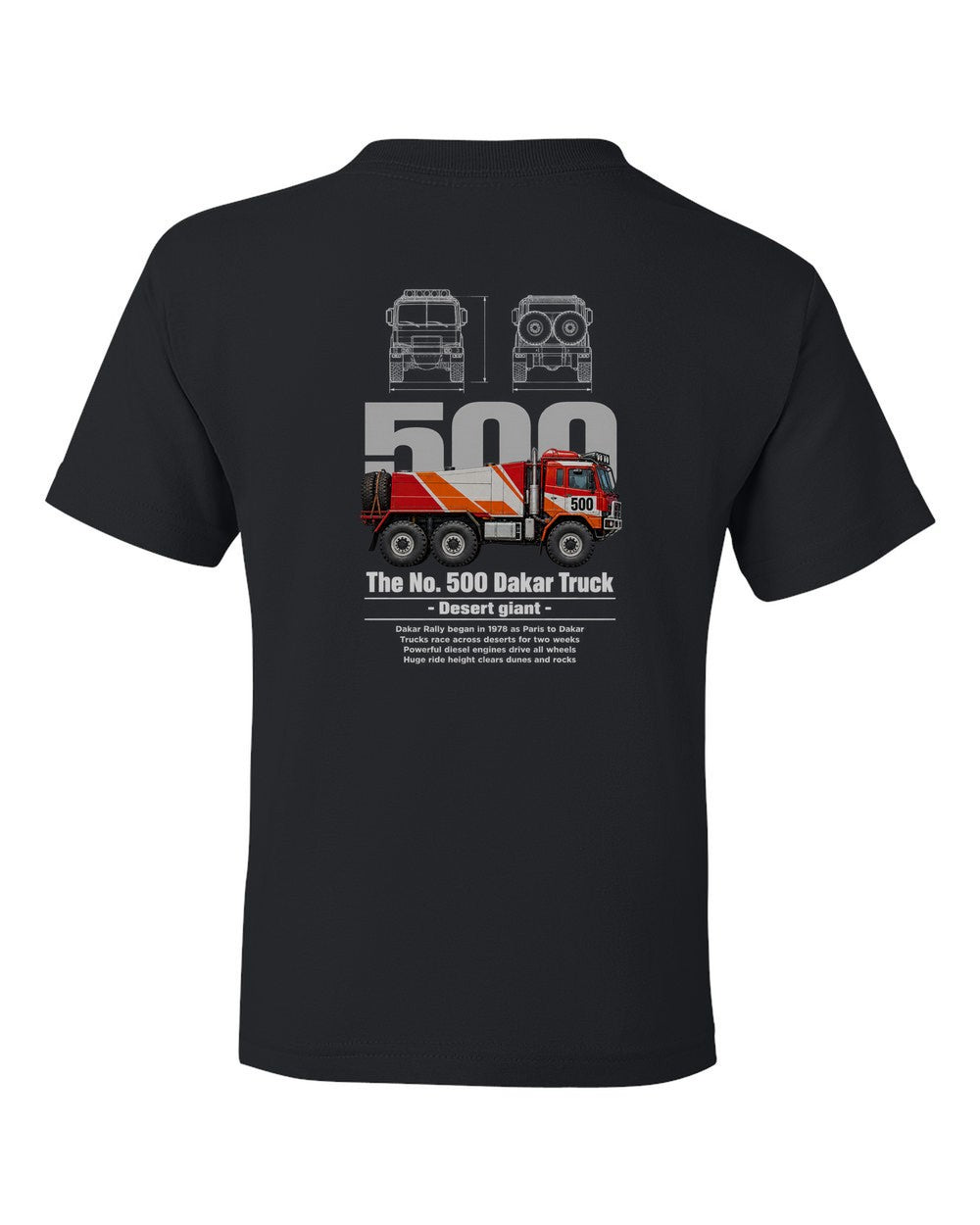 No. 500 Dakar Truck black kids tee back view with the design