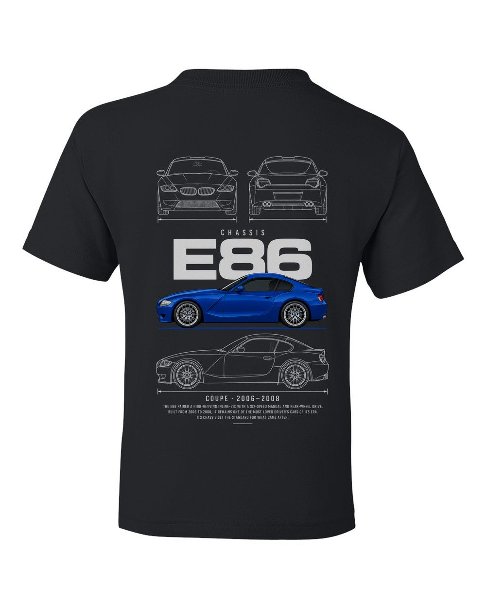 E86 full-back artwork black kids tee back view with the design