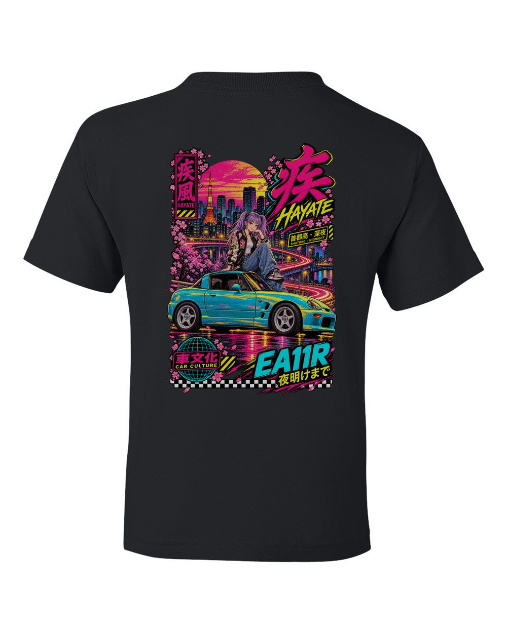 HAYATE EA11R full-back artwork black kids tee back view with the design