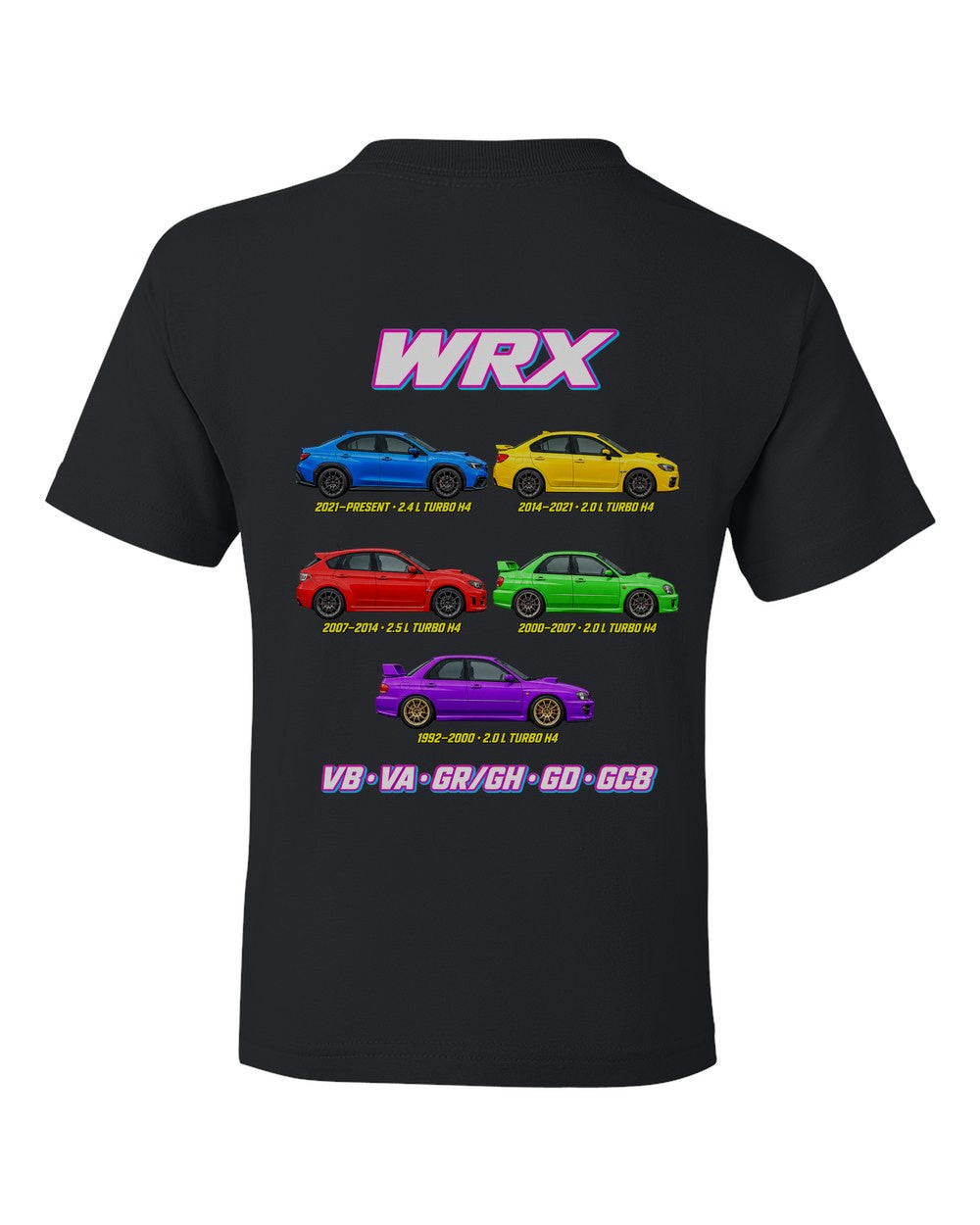 Subaru WRX evolution poster black kids tee back view with the design