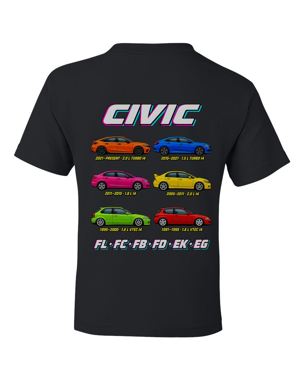 Honda Civic evolution poster black kids tee back view with the design