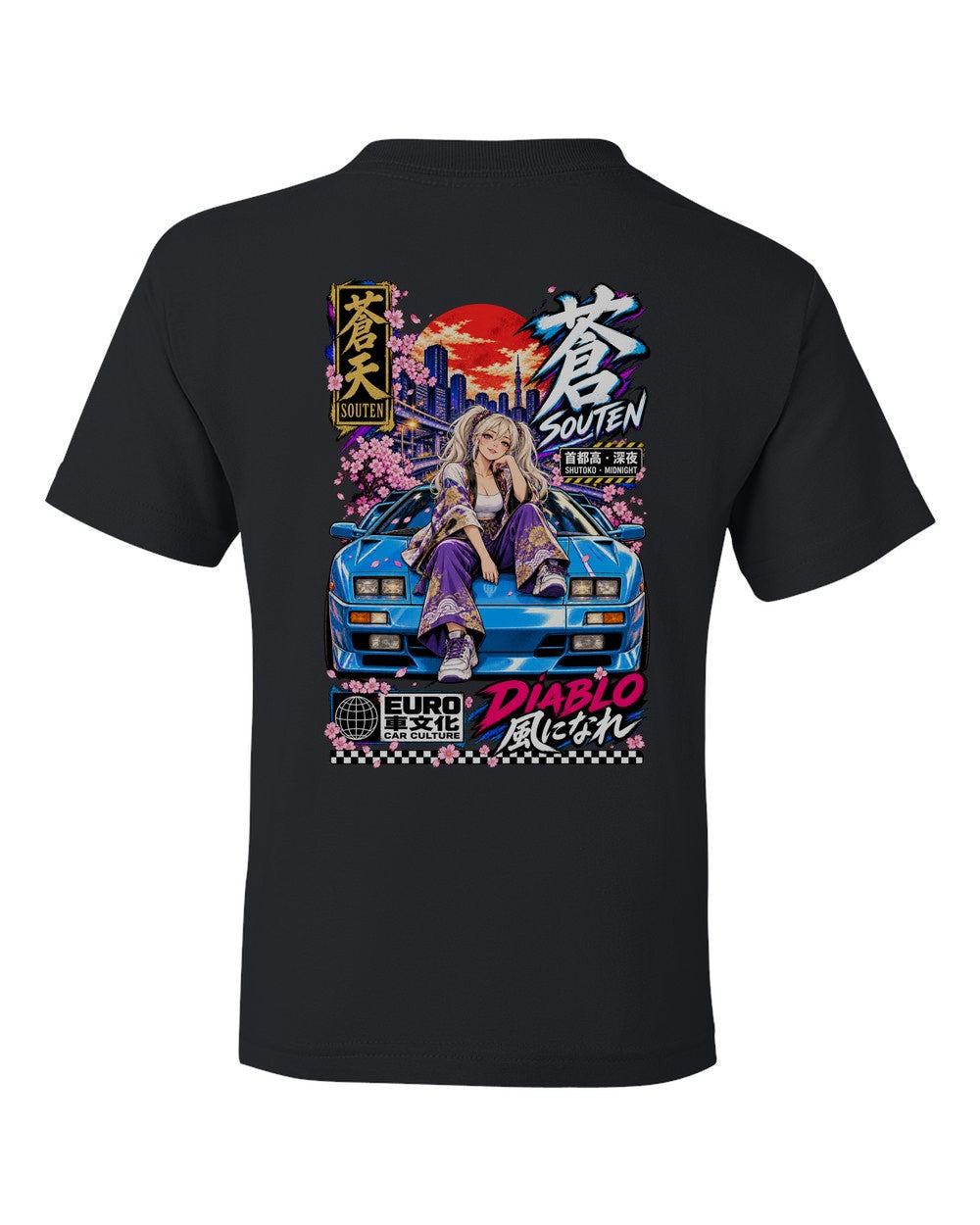 SOUTEN DIABLO full-back artwork black kids tee back view with the design