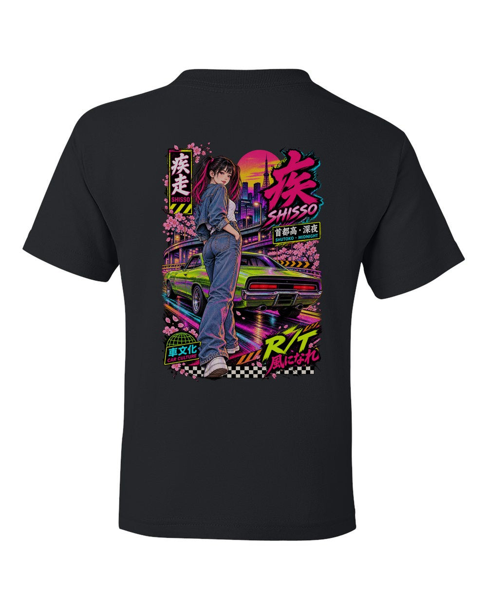SHISSO R/T full-back artwork black kids tee back view with the design