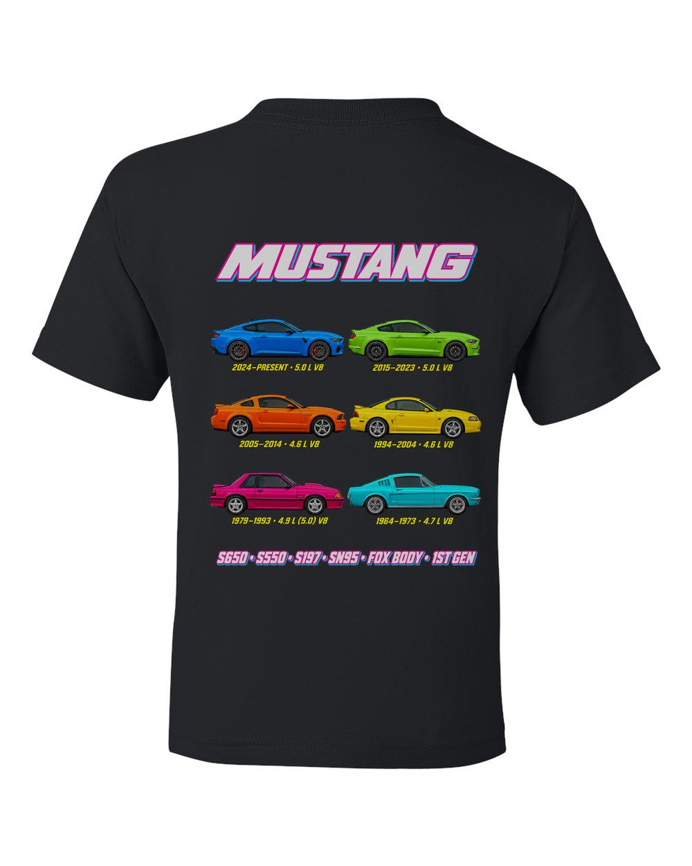 Ford Mustang evolution poster black kids tee back view with the design