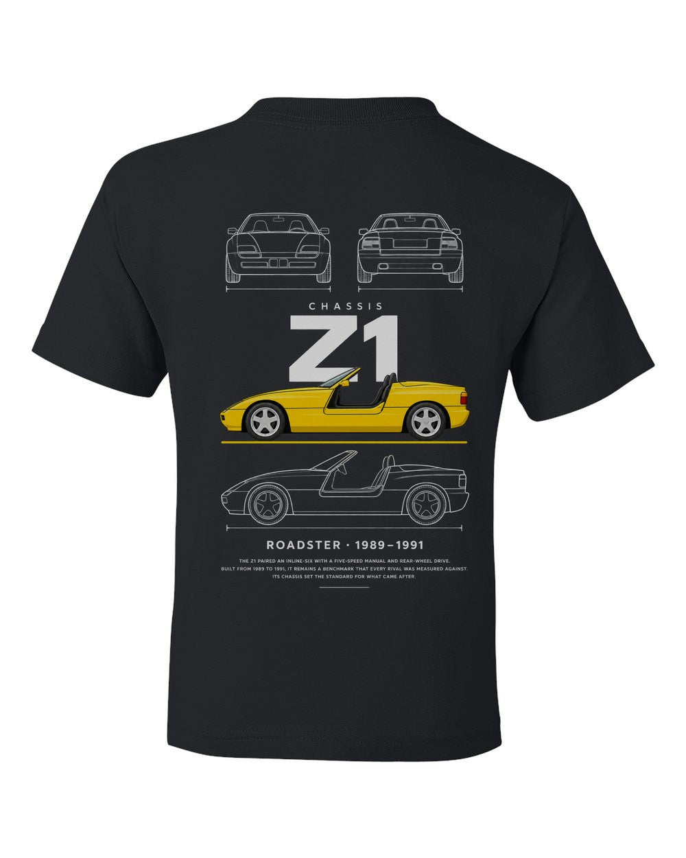 Z1 full-back artwork black kids tee back view with the design