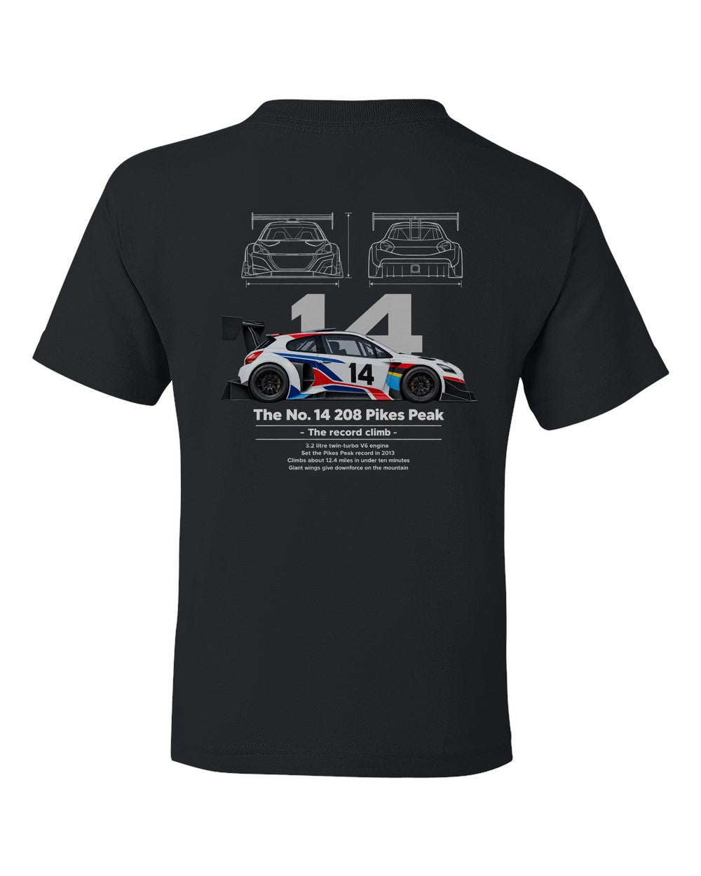 No. 14 208 Pikes Peak black kids tee back view with the design