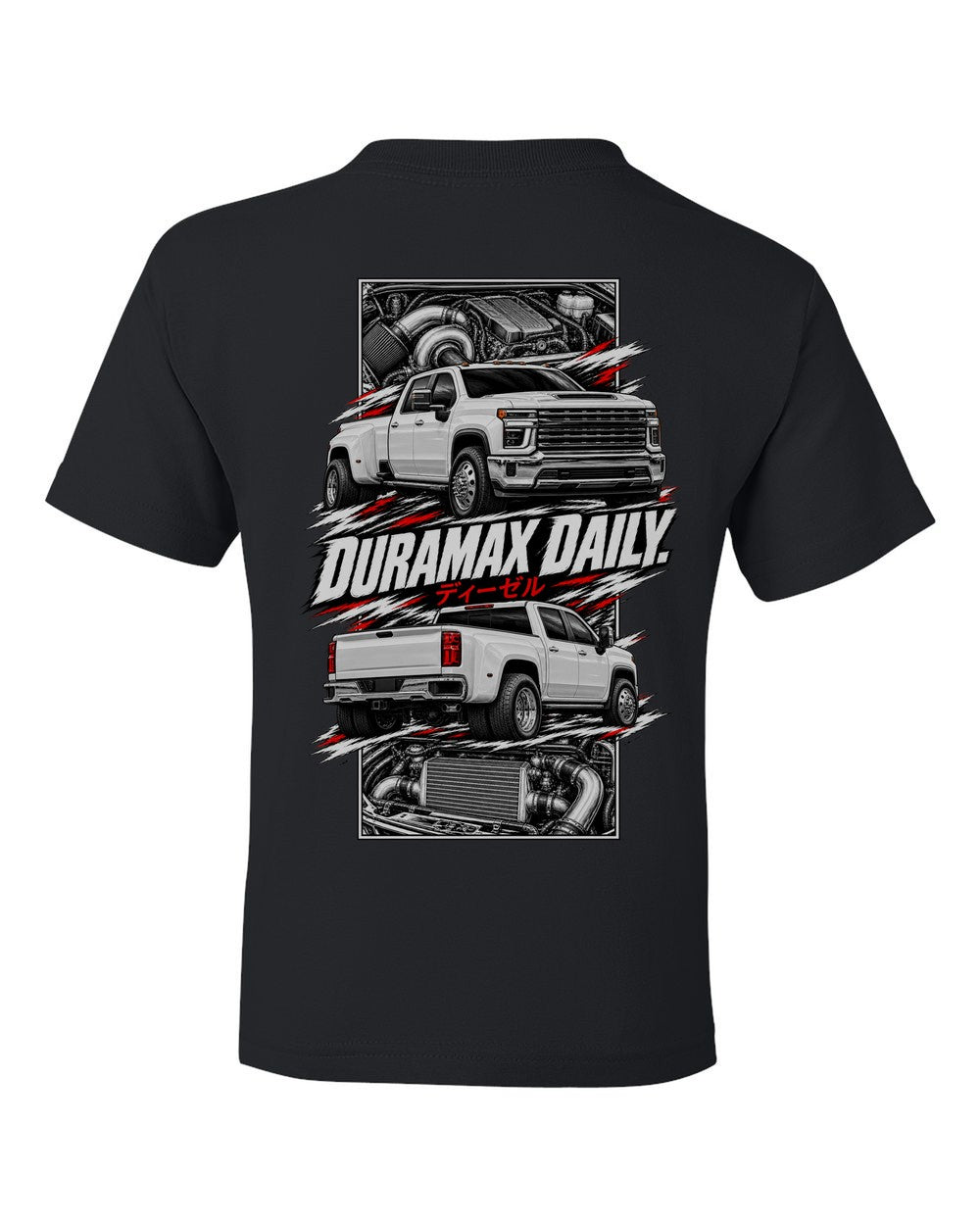 Chevy Silverado Hd torn poster black kids tee back view with the design