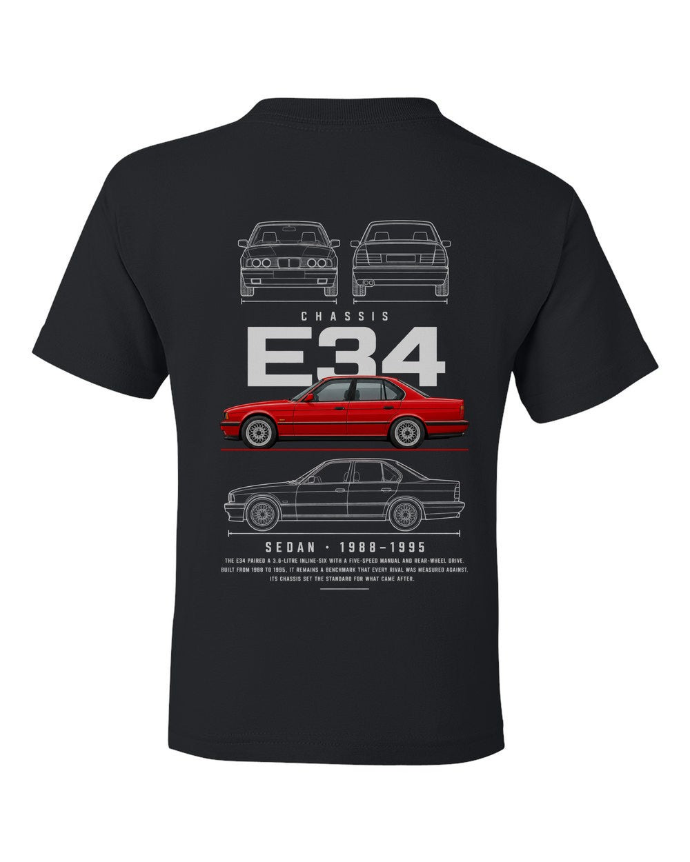 E34 full-back artwork black kids tee back view with the design