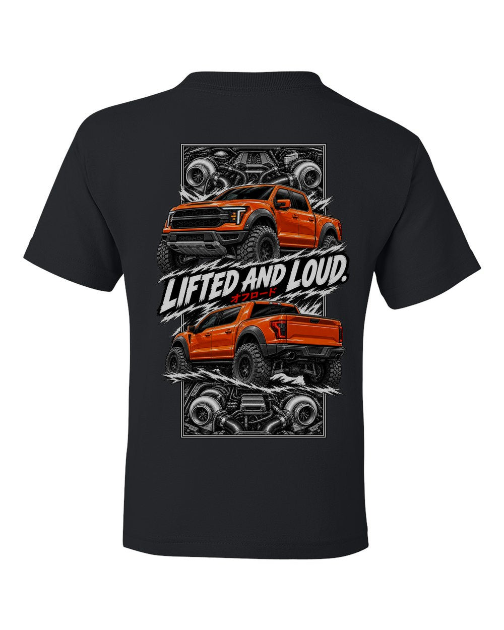 Ford F-150 Raptor torn poster black kids tee back view with the design