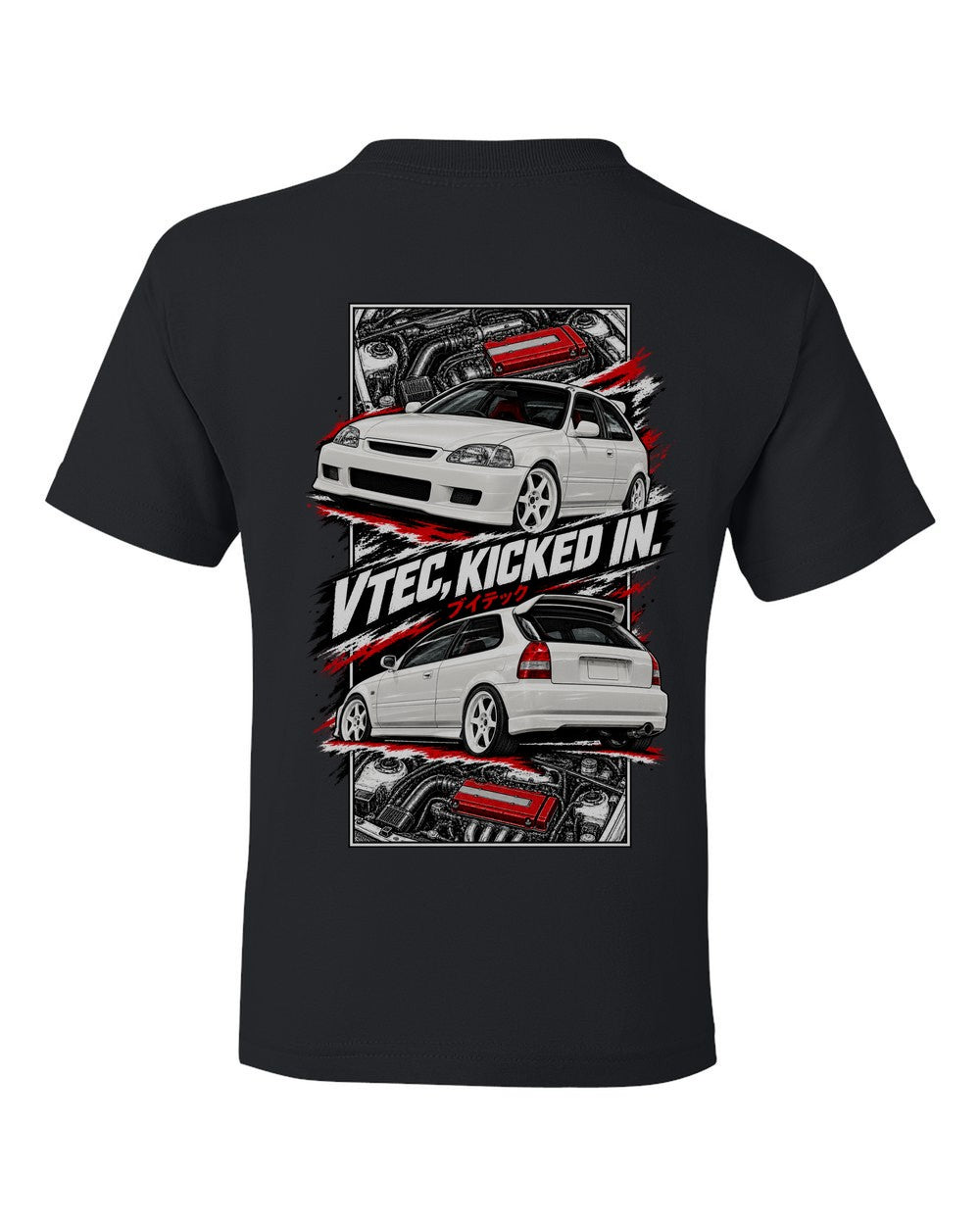 Honda Civic Ek9 torn poster black kids tee back view with the design