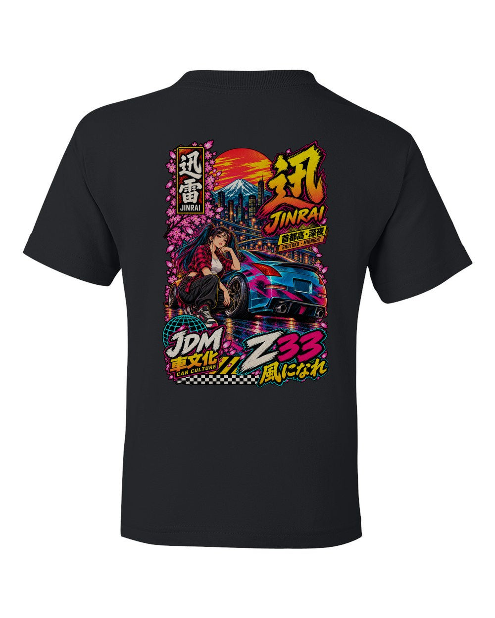 JINRAI Z33 full-back artwork black kids tee back view with the design
