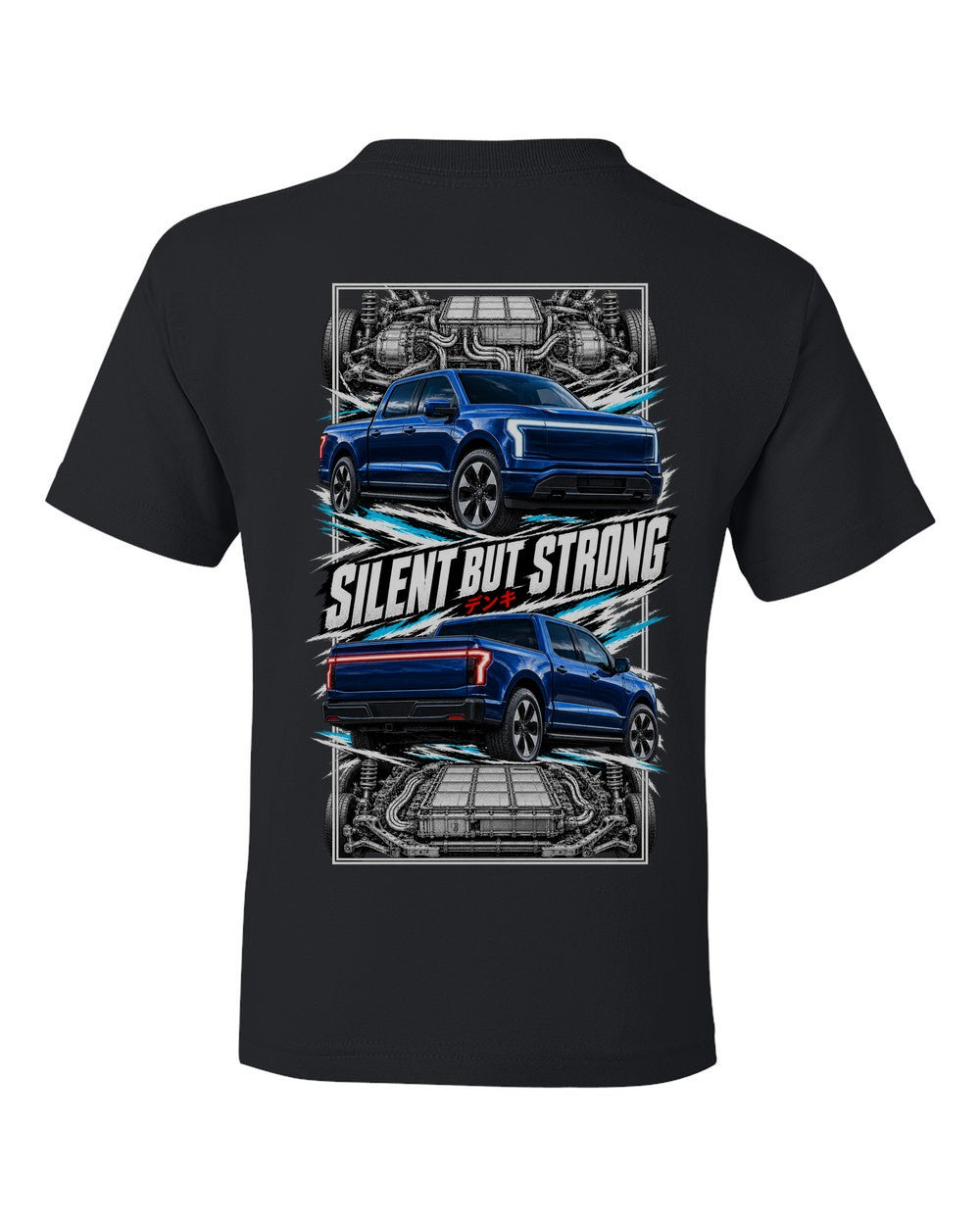 Ford F-150 Lightning torn poster black kids tee back view with the design