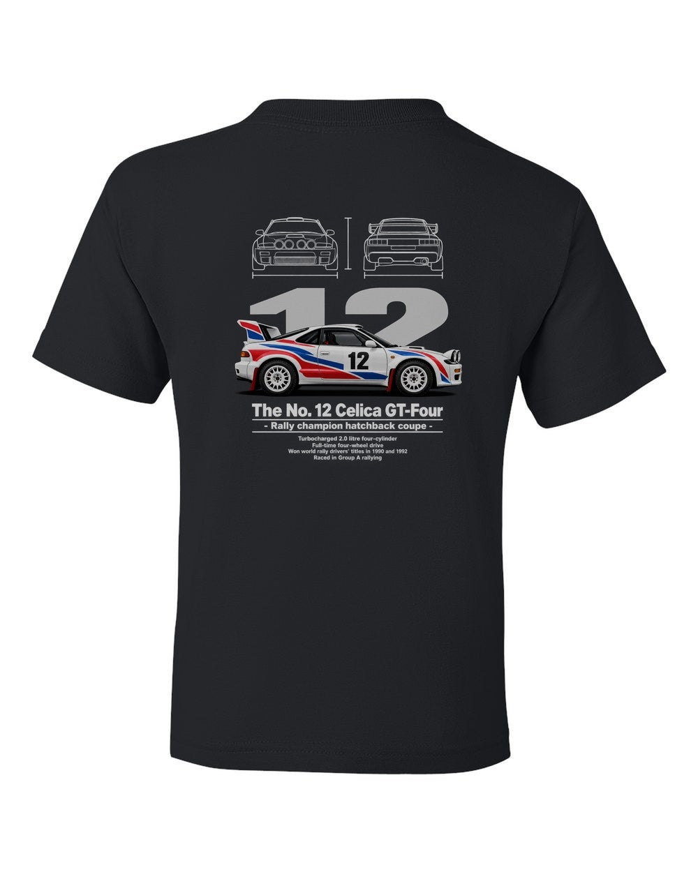 No. 12 Celica GT-Four black kids tee back view with the design