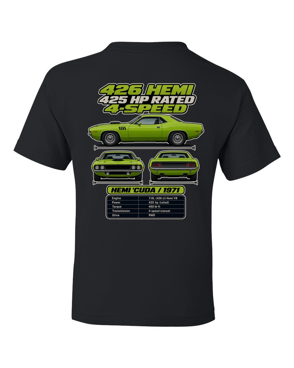 Plymouth Hemi Cuda 1971 spec sheet black kids tee back view with the design
