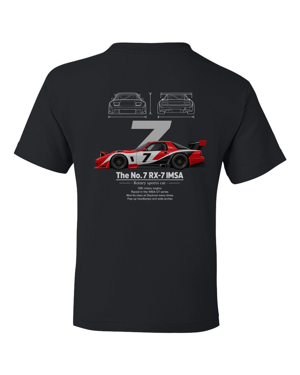 No. 7 RX-7 IMSA black kids tee back view with the design
