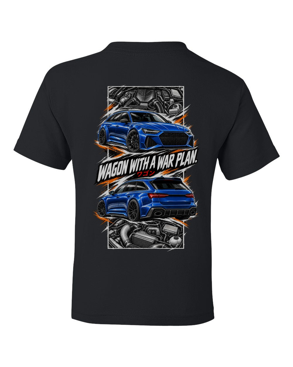 Audi Rs6 torn poster black kids tee back view with the design
