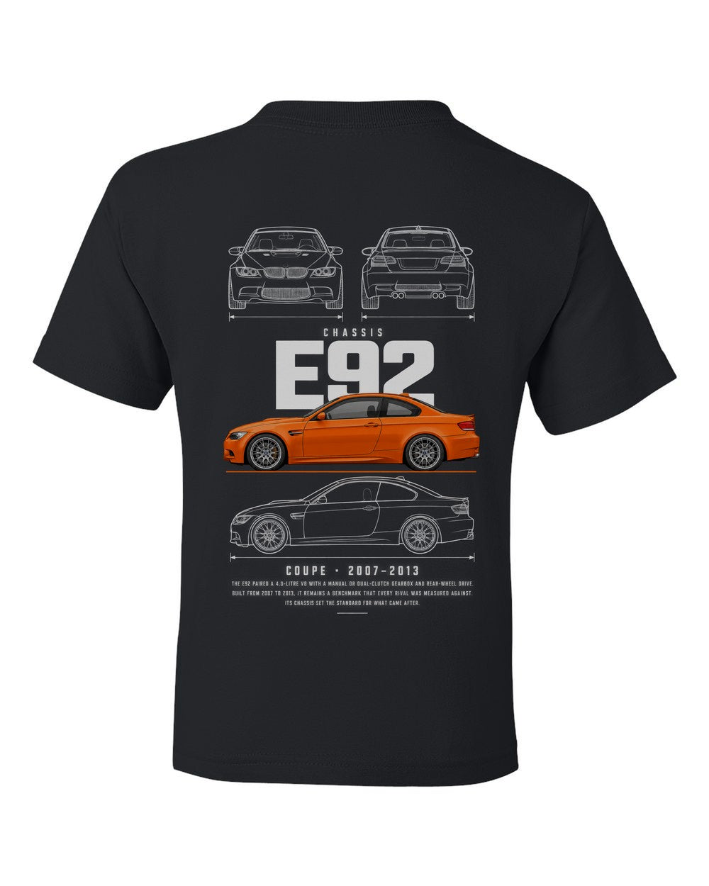 E92 full-back artwork black kids tee back view with the design