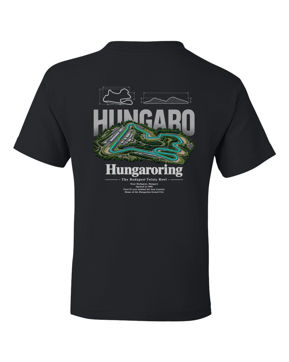 Hungaroring black kids tee back view with the design