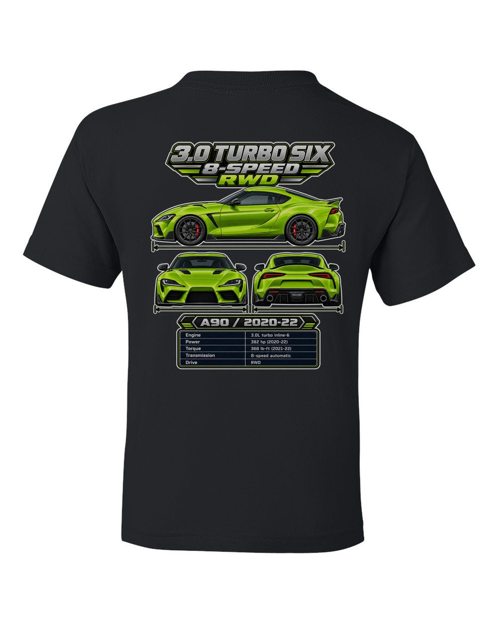 Toyota GR Supra A90 spec sheet black kids tee back view with the design