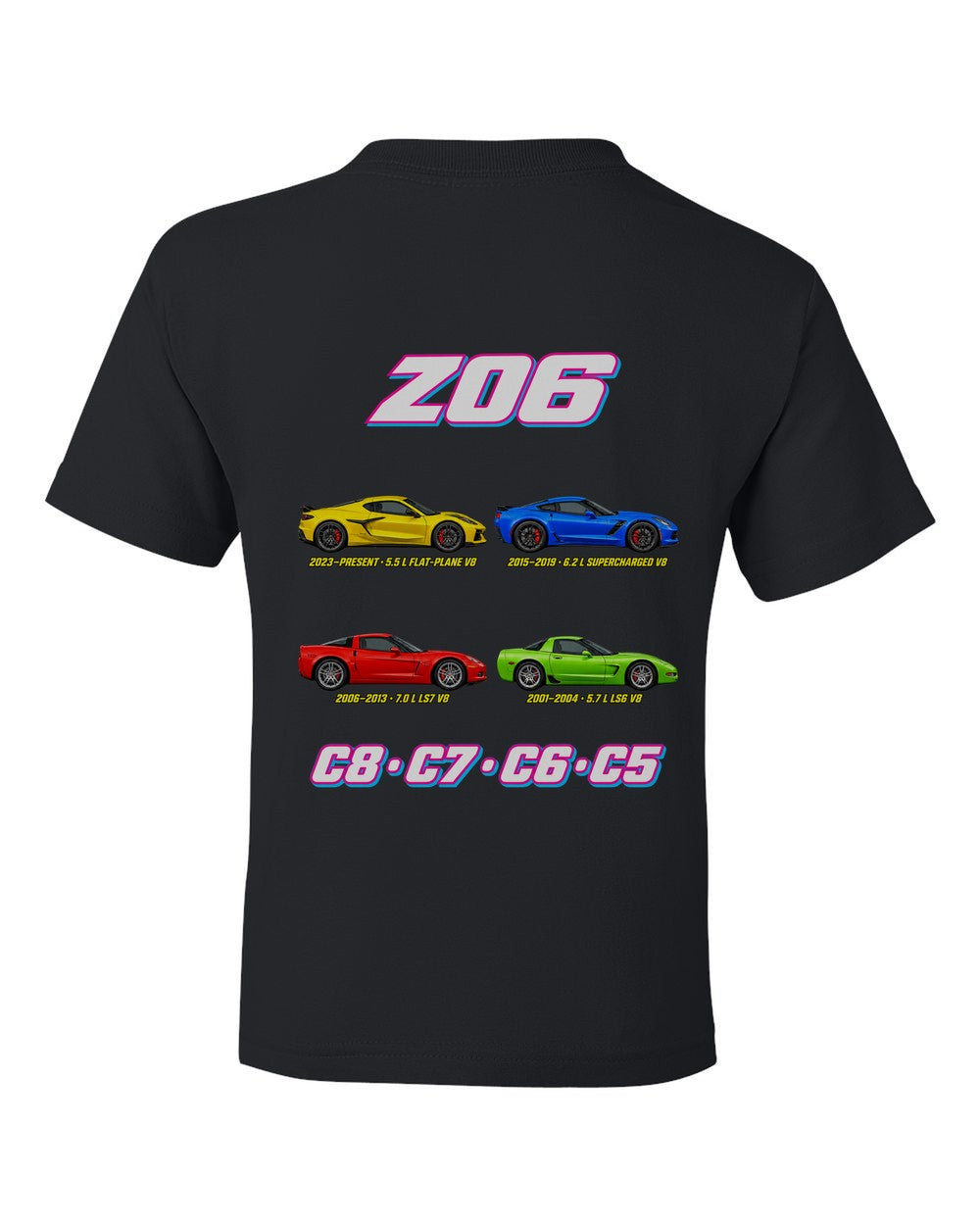 Corvette Z06 evolution poster black kids tee back view with the design