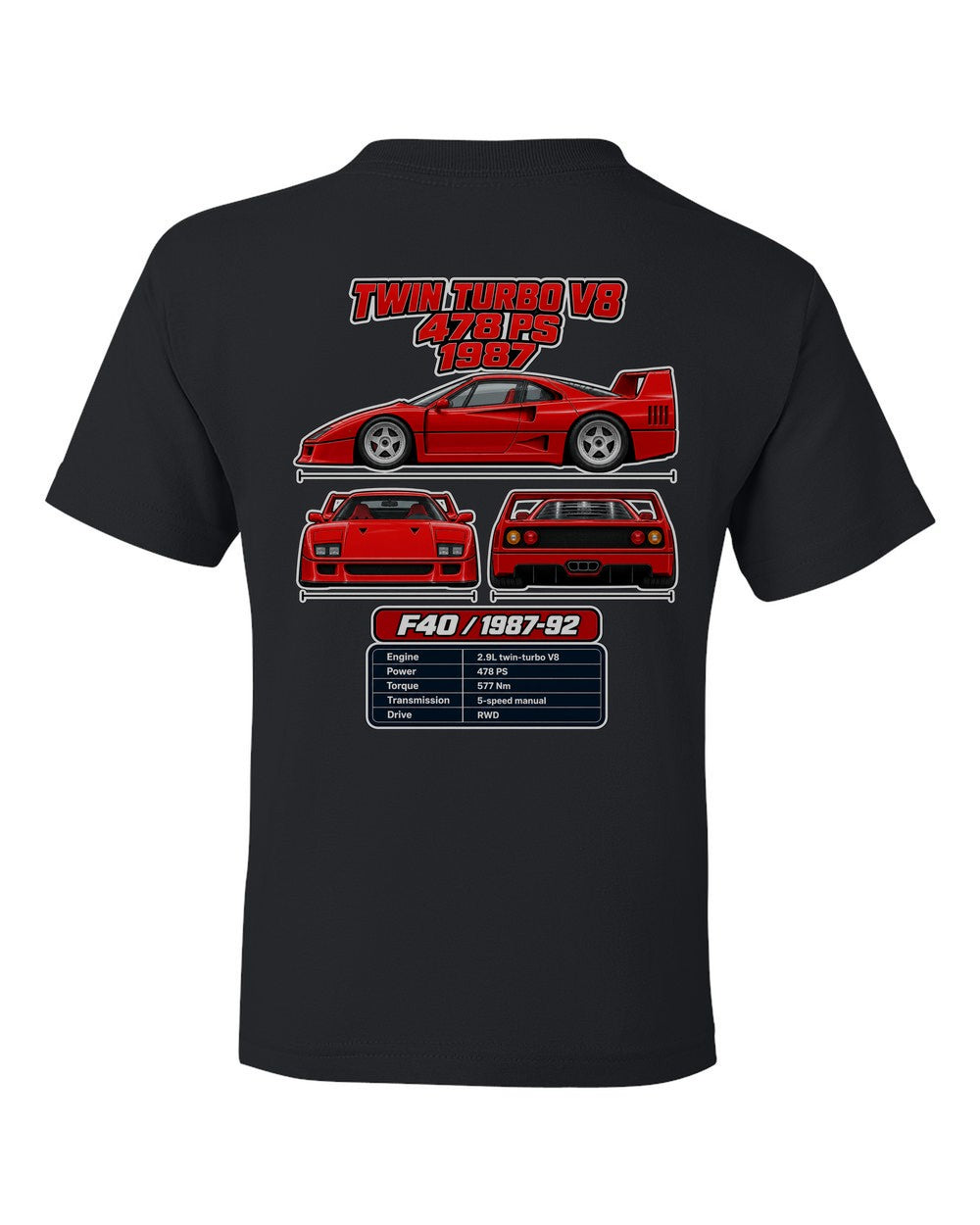 Ferrari F40 spec sheet black kids tee back view with the design