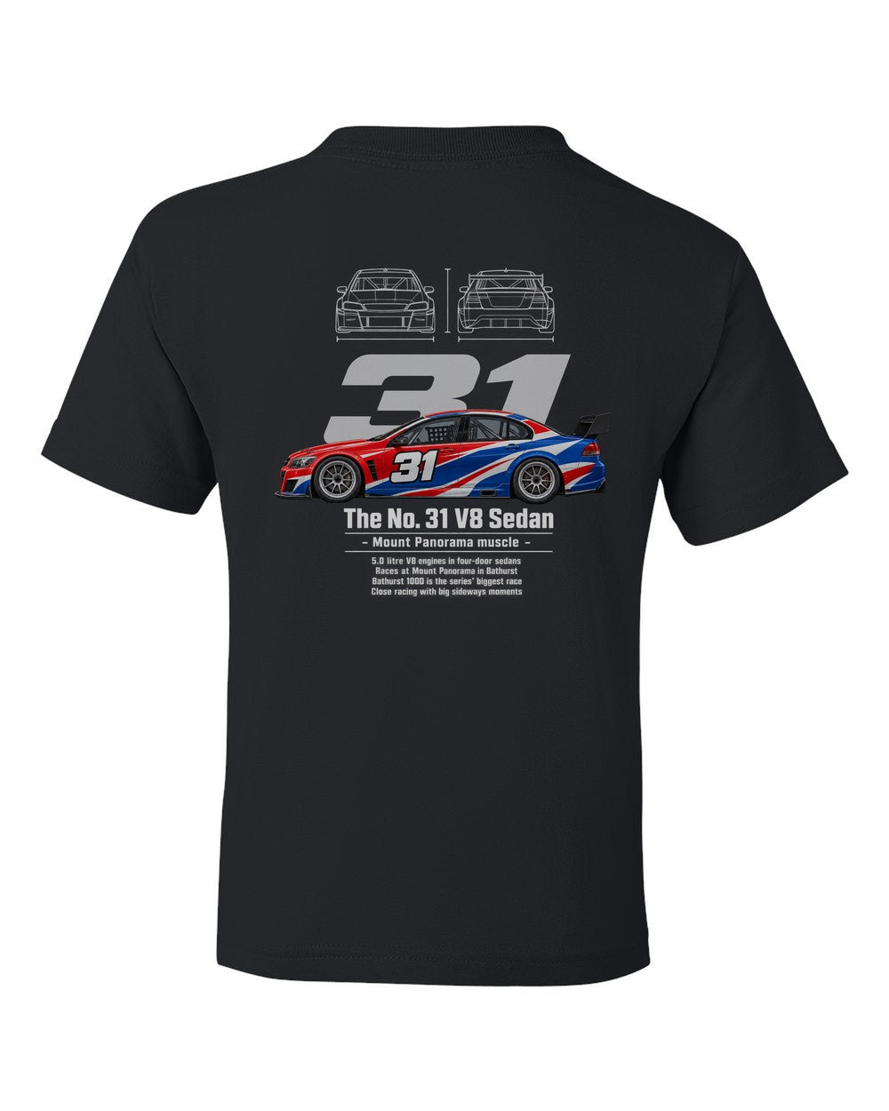 No. 31 V8 Sedan black kids tee back view with the design