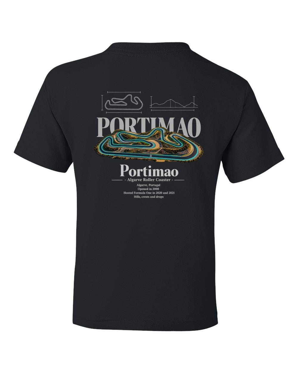 Portimao black kids tee back view with the design
