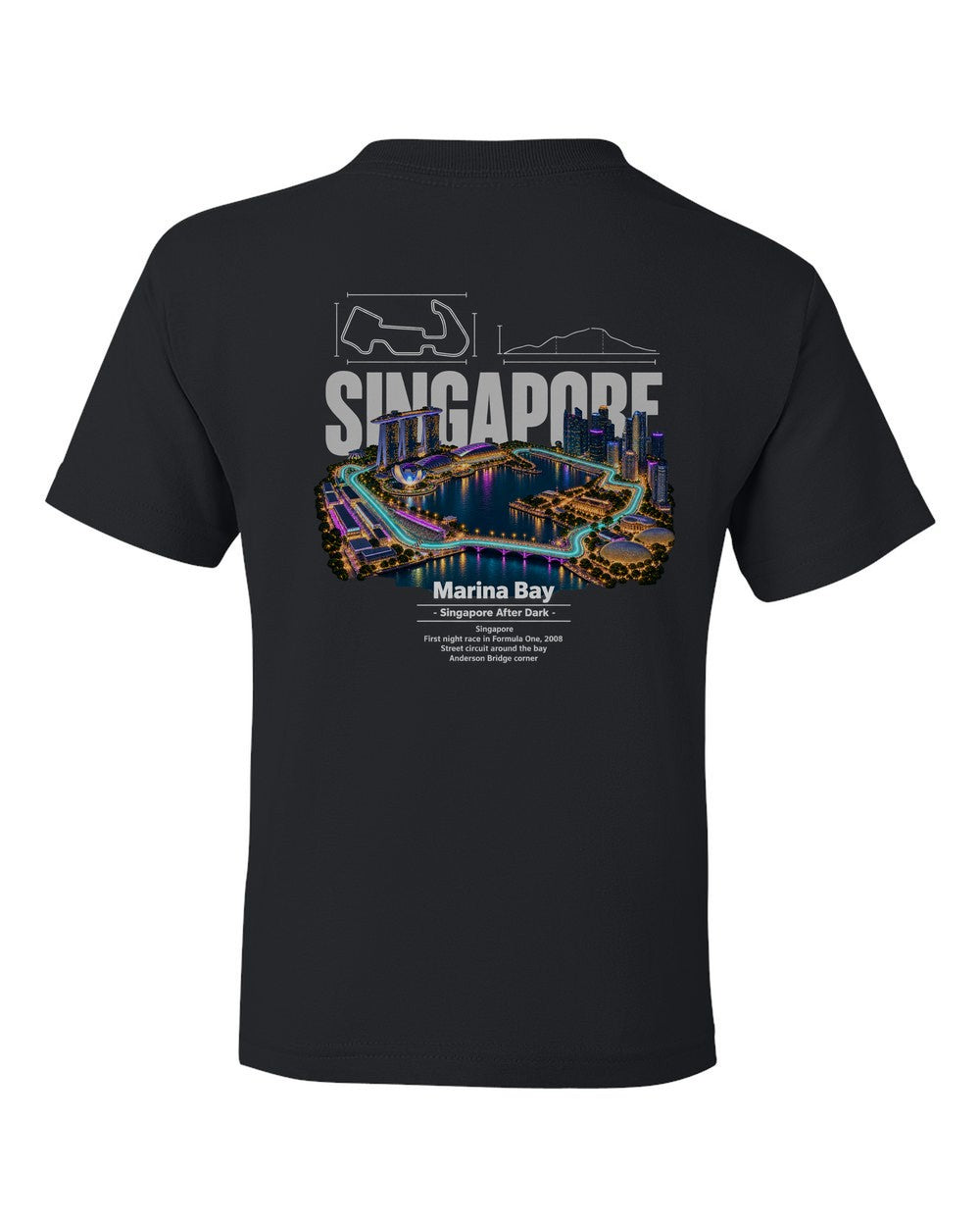 Marina Bay black kids tee back view with the design
