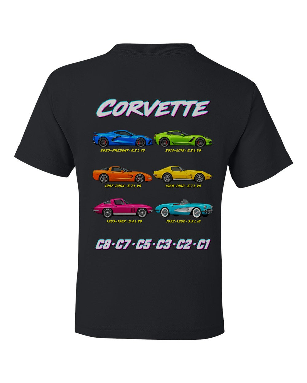 Chevy Corvette evolution poster black kids tee back view with the design