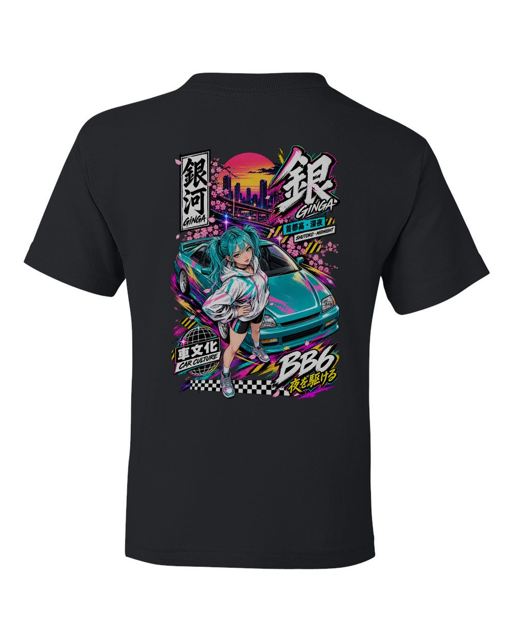 GINGA BB6 full-back artwork black kids tee back view with the design