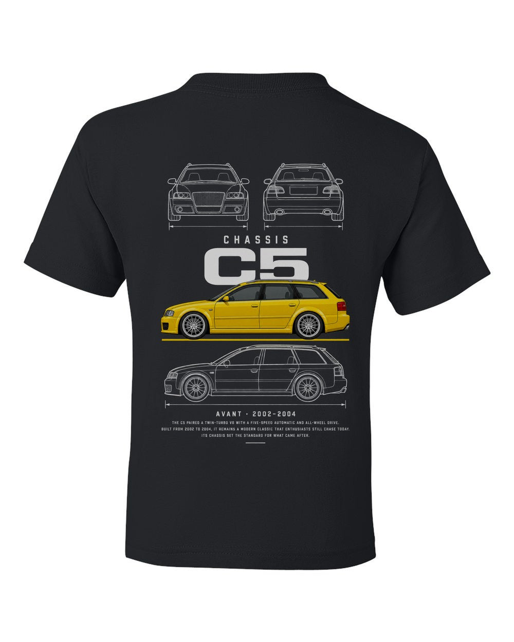 C5 full-back artwork black kids tee back view with the design