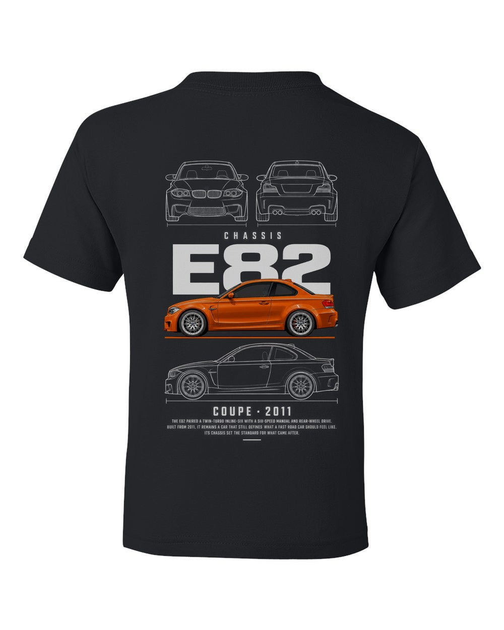 E82 full-back artwork black kids tee back view with the design