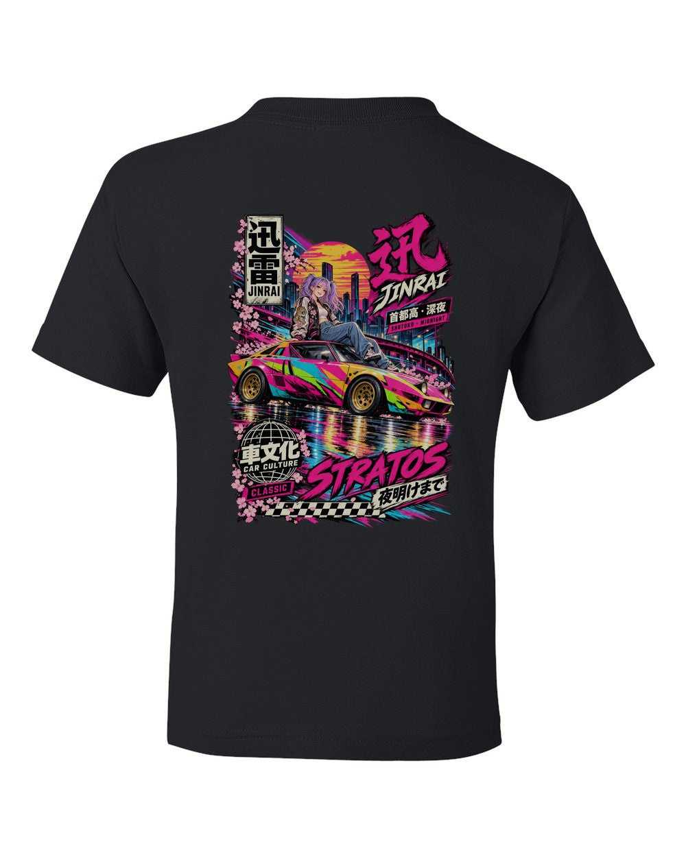 JINRAI STRATOS full-back artwork black kids tee back view with the design