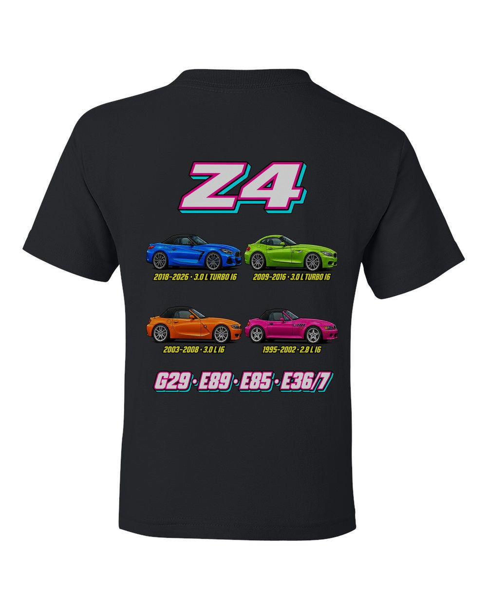 BMW Z evolution poster black kids tee back view with the design
