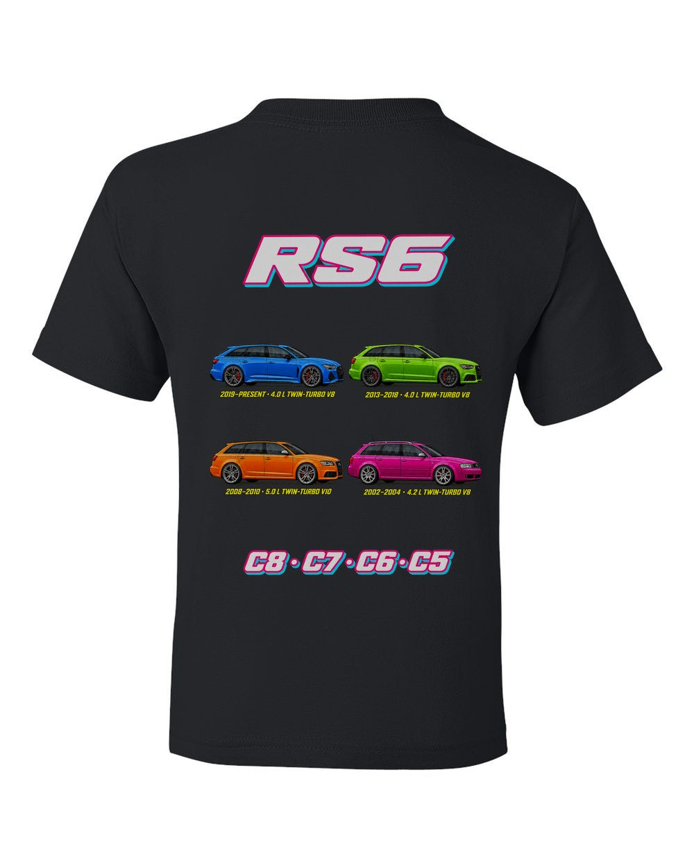 Audi RS6 evolution poster black kids tee back view with the design