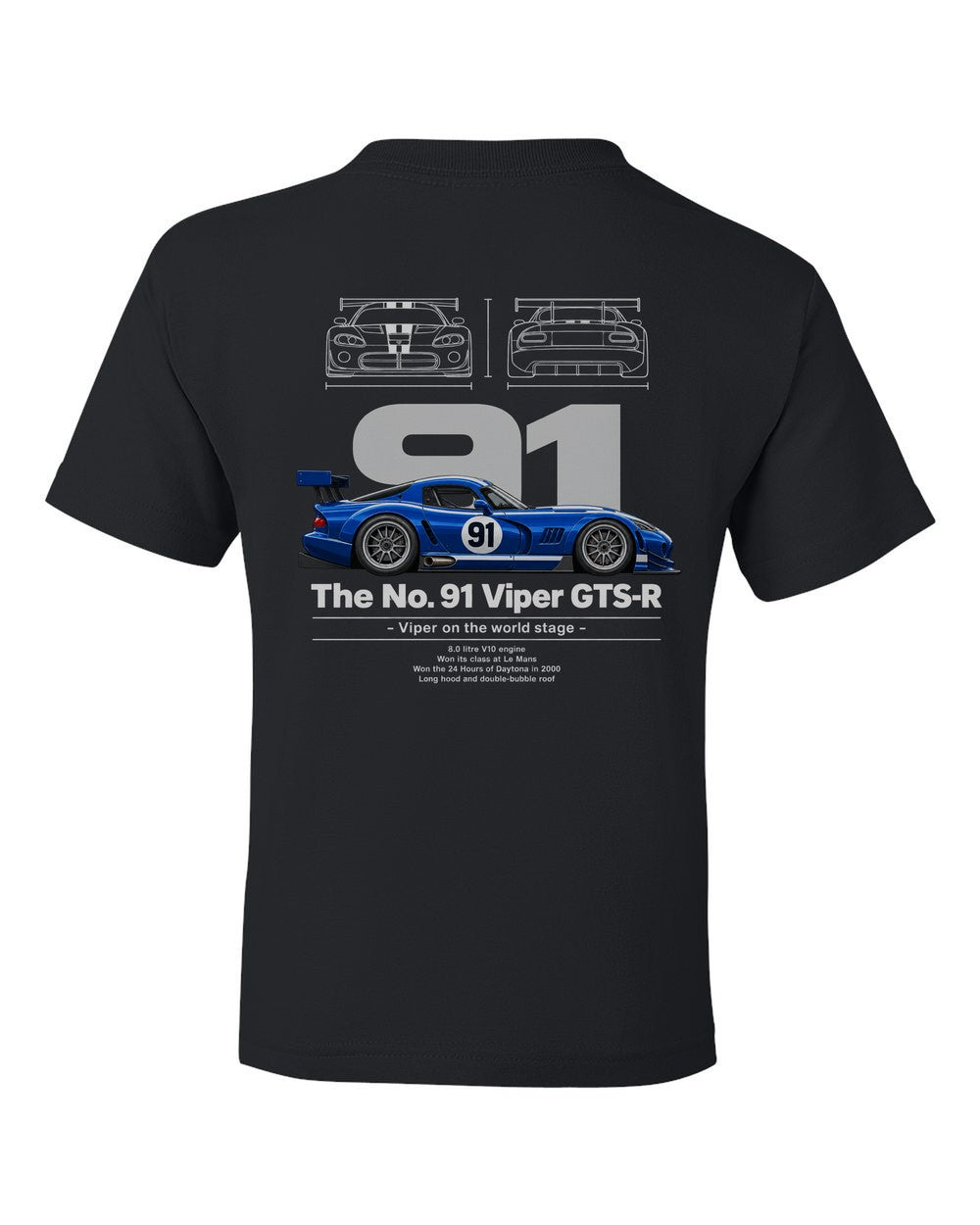 No. 91 Viper GTS-R black kids tee back view with the design