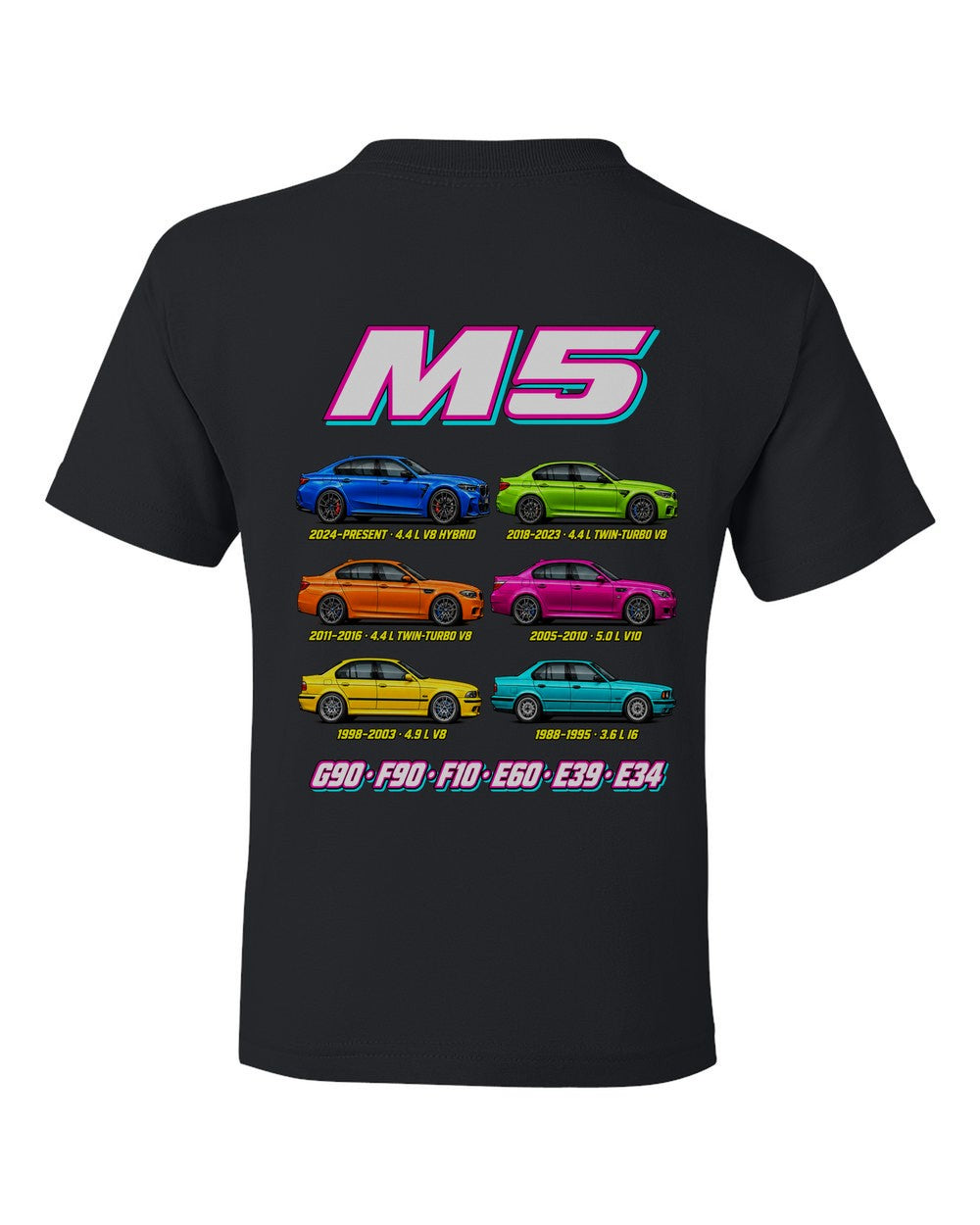 BMW M5 evolution poster black kids tee back view with the design