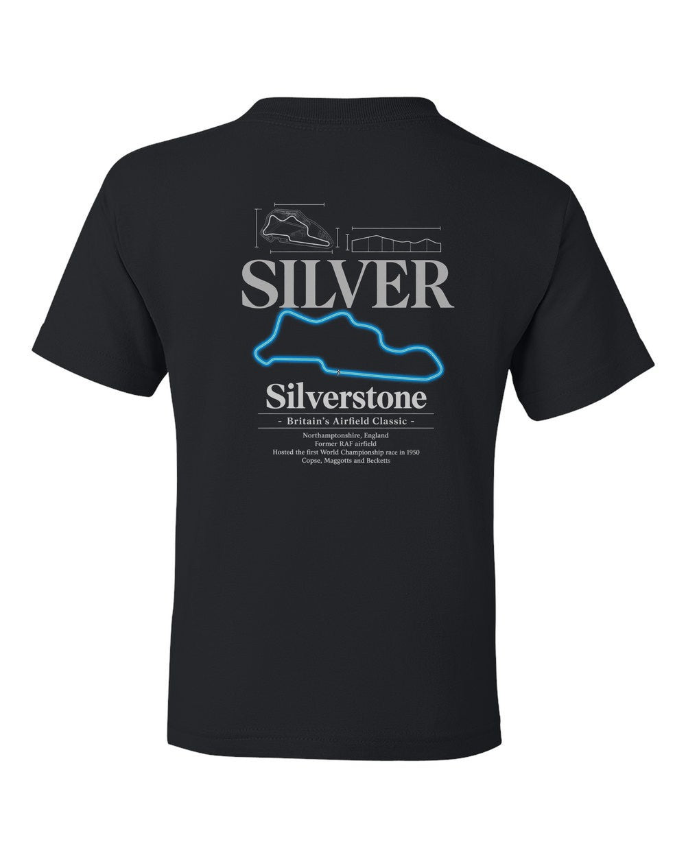 Silverstone black kids tee back view with the design