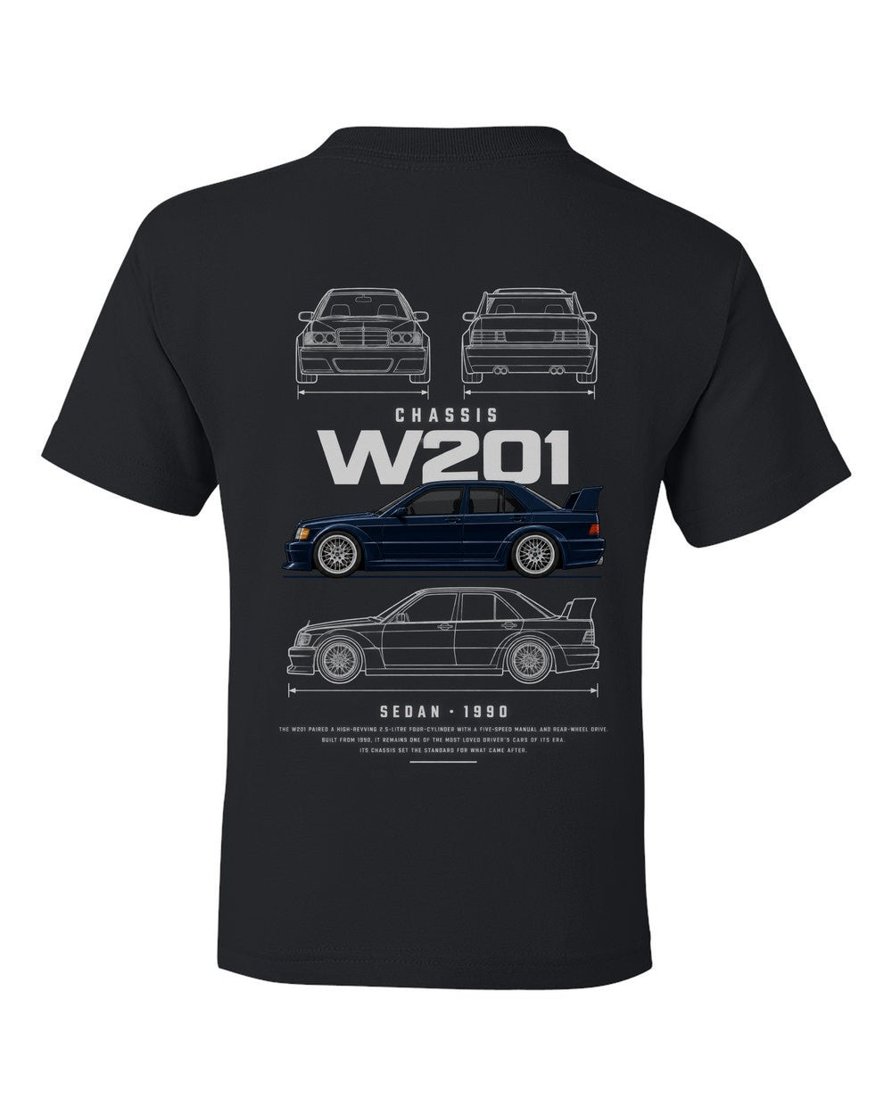 W201 full-back artwork black kids tee back view with the design