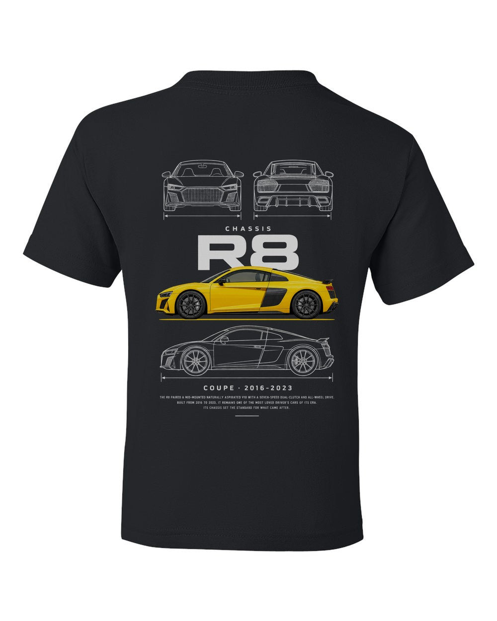 R8 full-back artwork black kids tee back view with the design