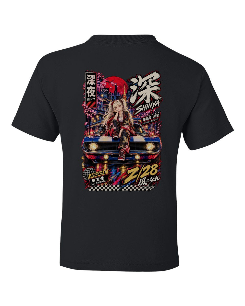 SHINYA Z/28 full-back artwork black kids tee back view with the design