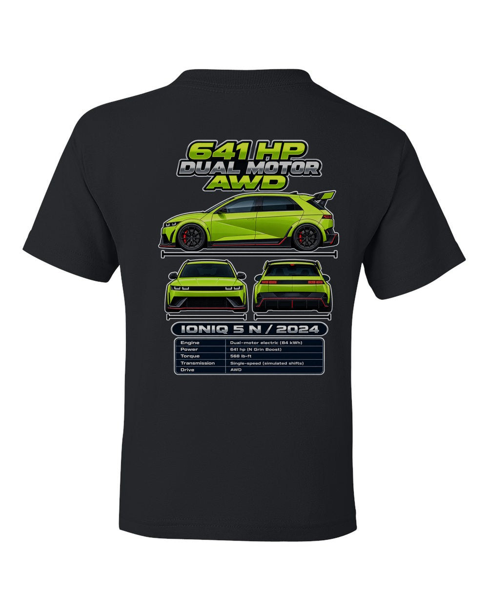 Hyundai Ioniq 5 N spec sheet black kids tee back view with the design