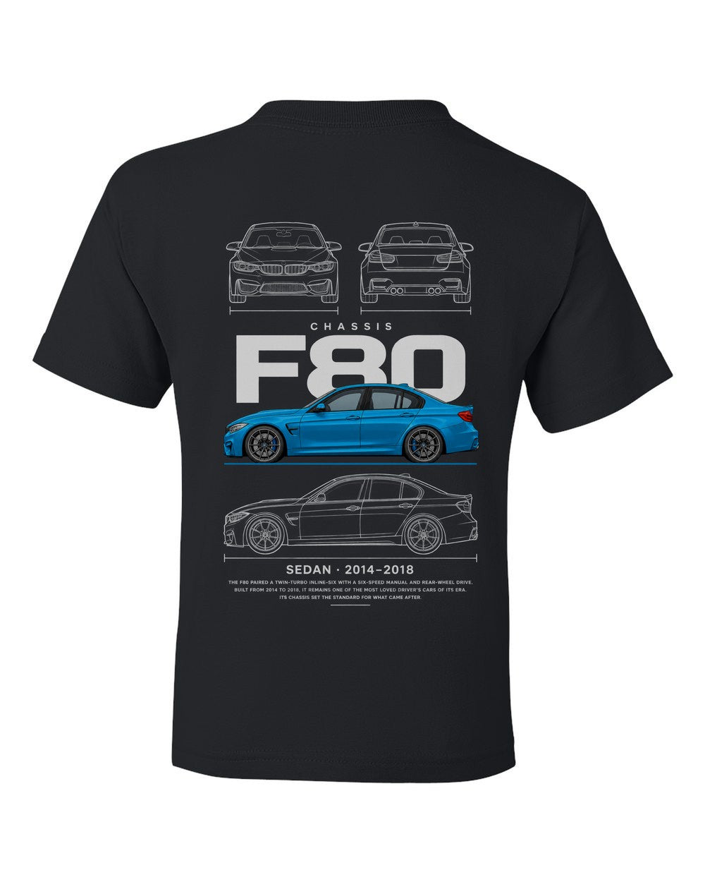 F80 full-back artwork black kids tee back view with the design