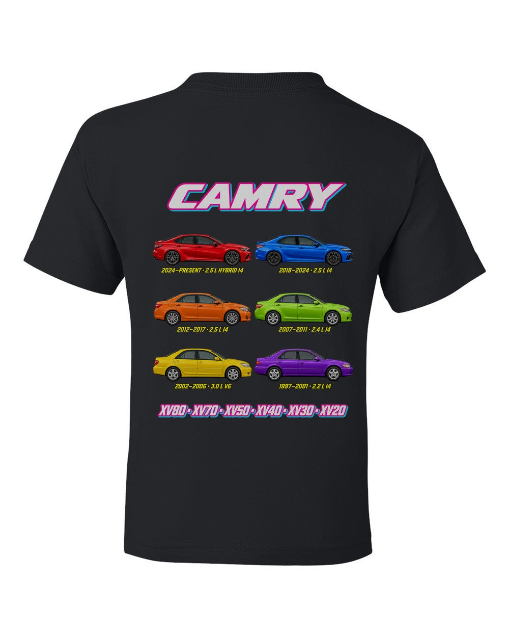 Toyota Camry evolution poster black kids tee back view with the design