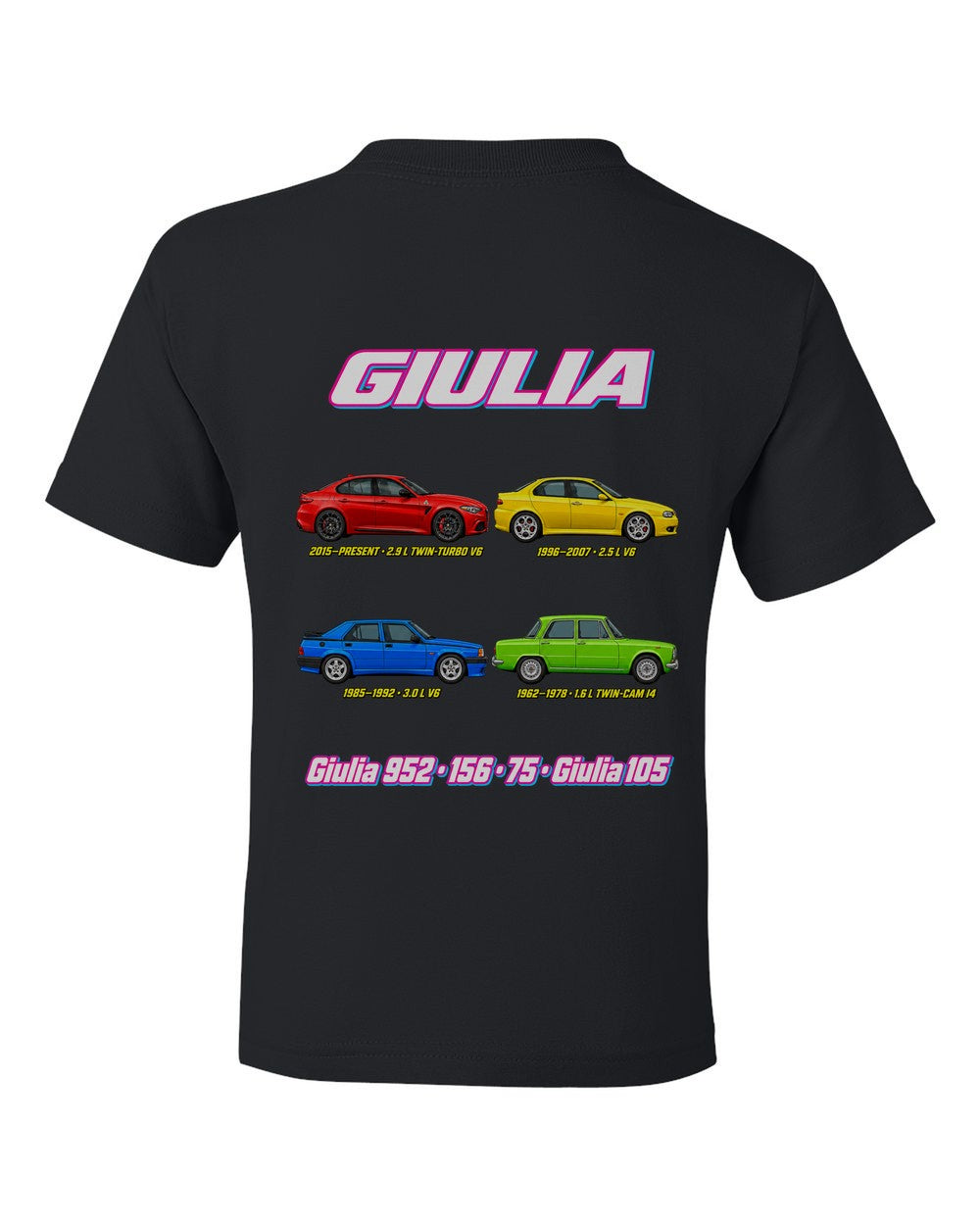 Alfa Giulia evolution poster black kids tee back view with the design