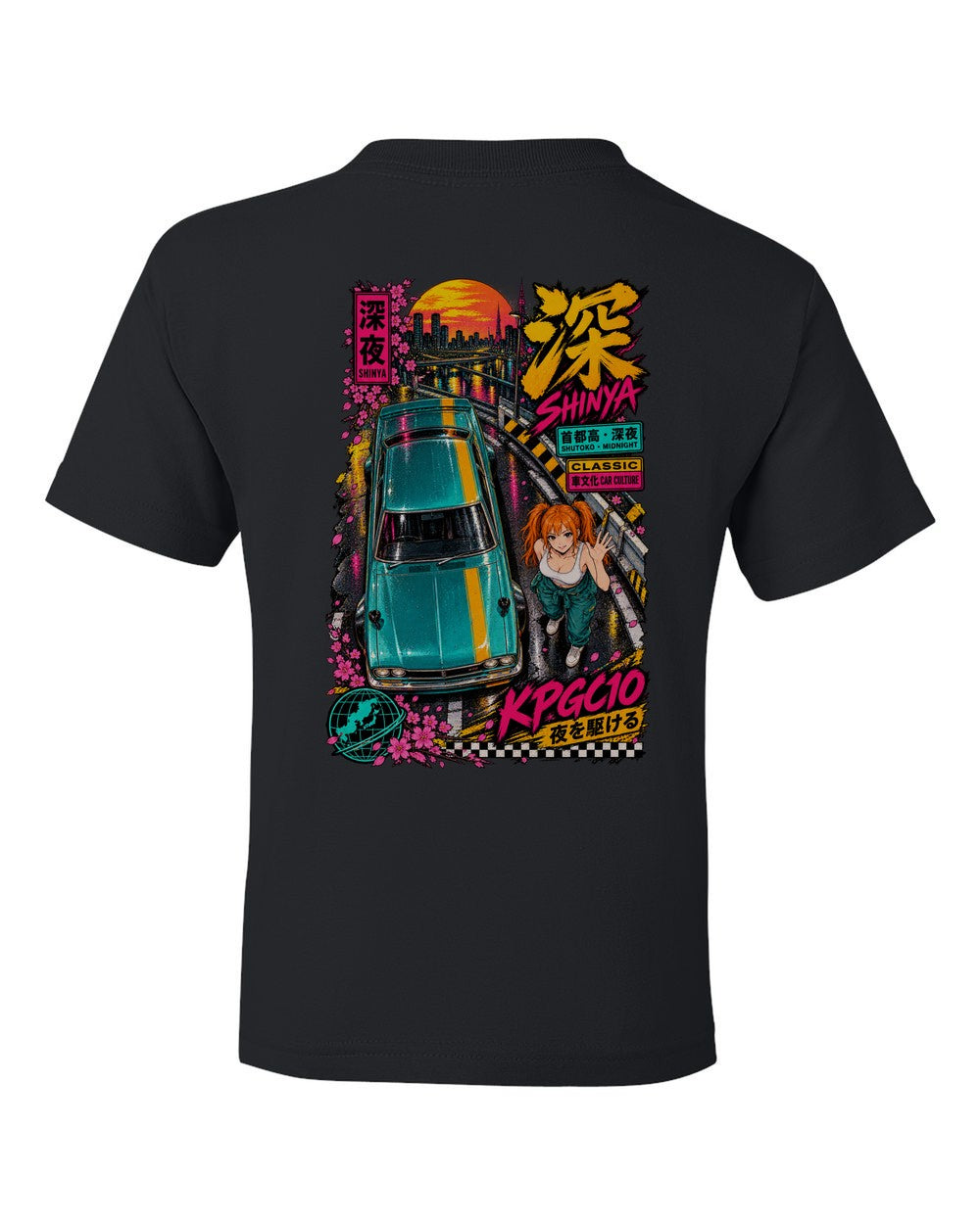SHINYA KPGC10 full-back artwork black kids tee back view with the design