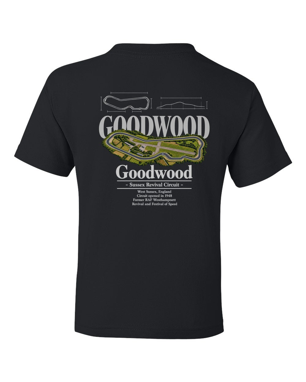 Goodwood black kids tee back view with the design
