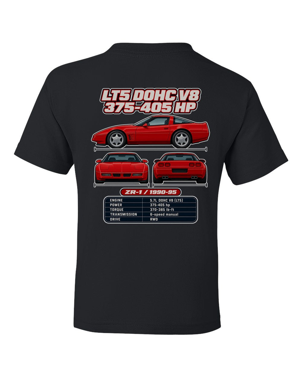Chevrolet Corvette C4 Zr1 spec sheet black kids tee back view with the design