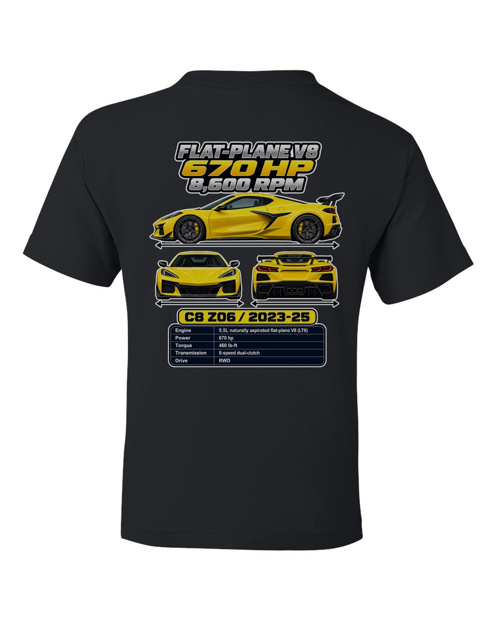 Chevrolet Corvette C8 Z06 spec sheet black kids tee back view with the design
